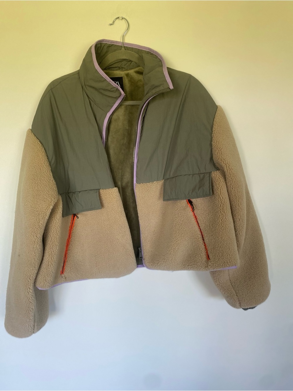 Zara Olive & Tan Teddy Sherpa Jacket with Lilac Trim